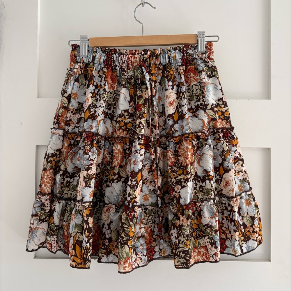 Brown Multicolour Floral Tiered Mini skort size S